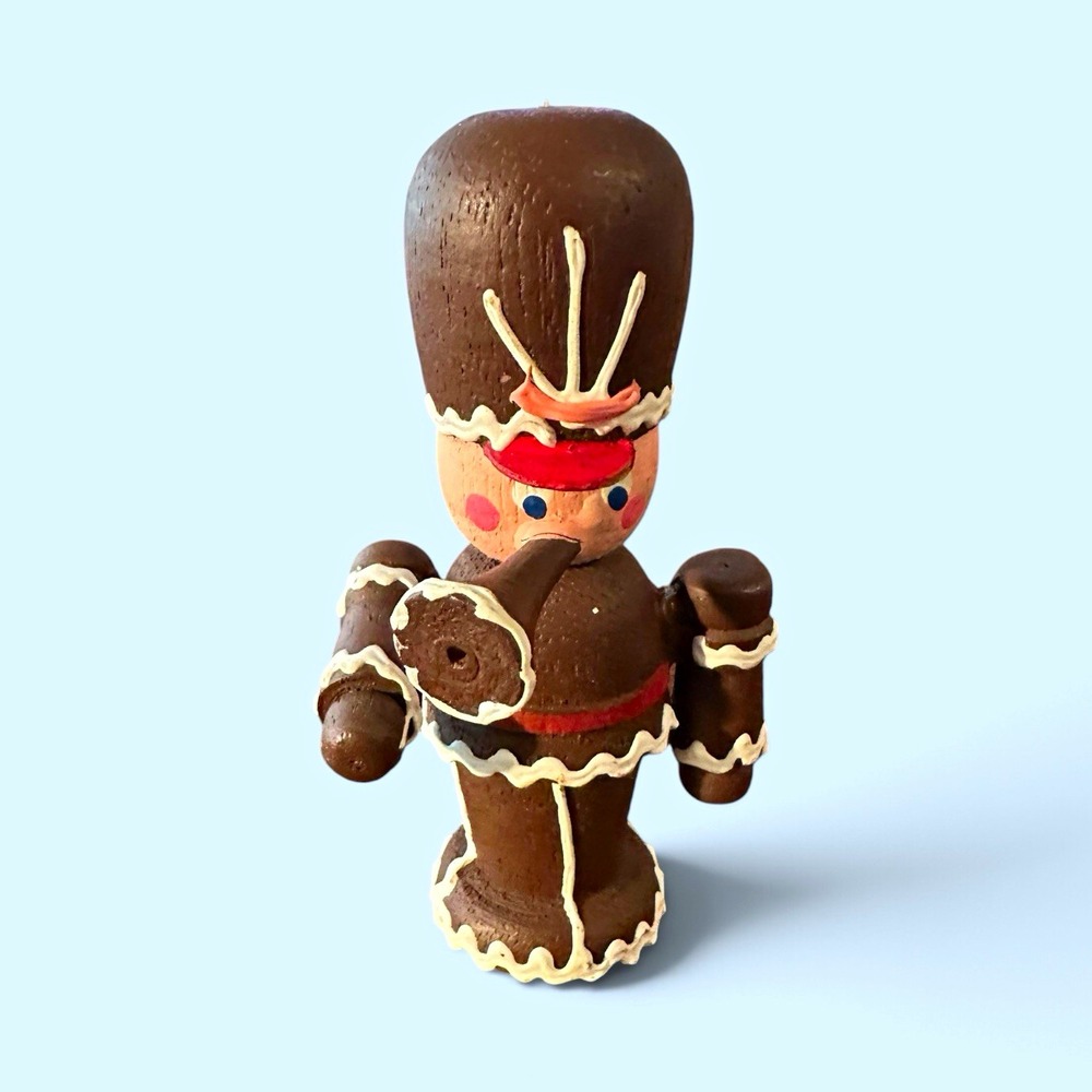 Vintage Wooden Gingerbread Soldier Decorative Ornament Brown Red White 3.5 in
